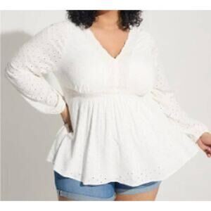 Torrid White Babydoll Eyelet Top V Neck Lace Detail Elastic Waist Long Sleeve
